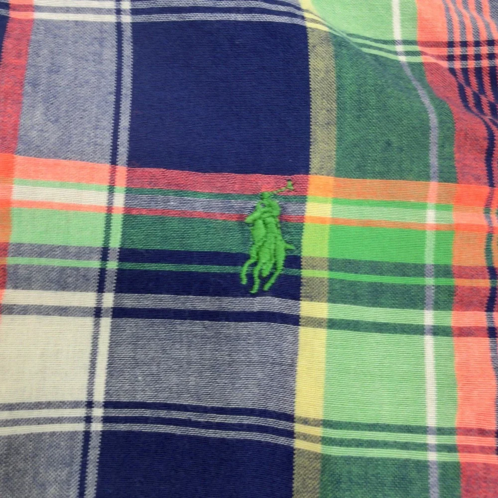 Ralph Lauren Boys Size 7 Plaid Short Sleeve Button Down Shirt‎ Navy Green Orange